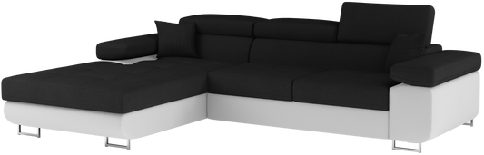 Narożnik Armando lewy w tkaninach Sawana 14 czarny i Soft 17 biały – pełny widok sofy na neutralnym tle.