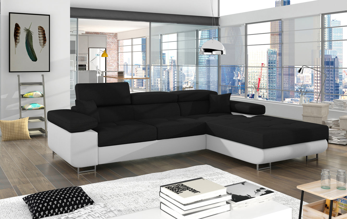 Narożnik Armando prawy w tkaninie Sawana 14 czarny i ekoskórze Soft 17 biały – aranżacja w jasnym, nowoczesnym salonie z dużymi oknami.