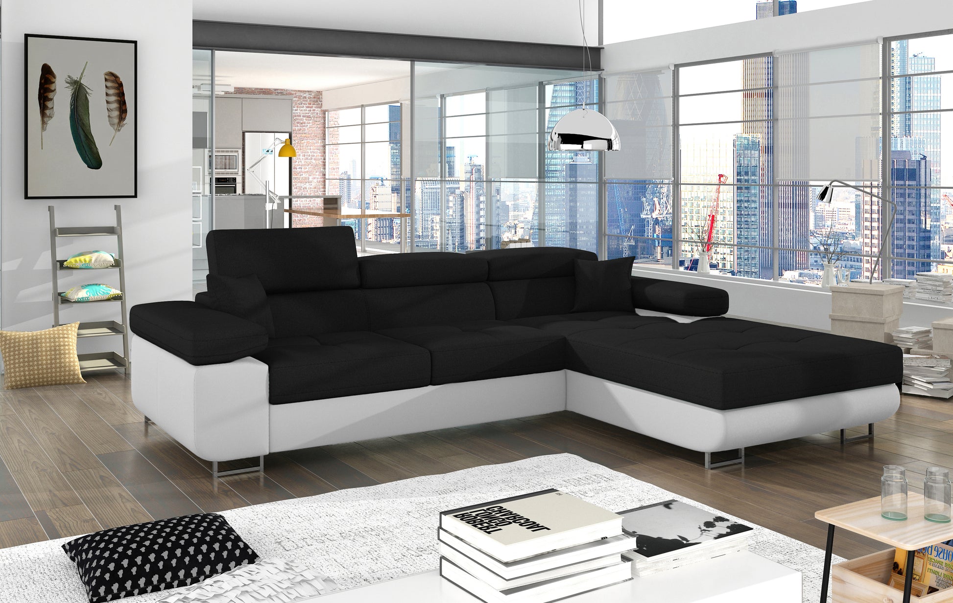Narożnik Armando prawy w tkaninie Sawana 14 czarny i ekoskórze Soft 17 biały – aranżacja w jasnym, nowoczesnym salonie z dużymi oknami.