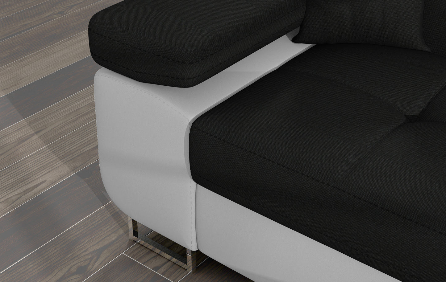 Zbliżenie na podłokietnik narożnika Armando w tkaninie Sawana 14 czarny z białą podstawą Soft 17.