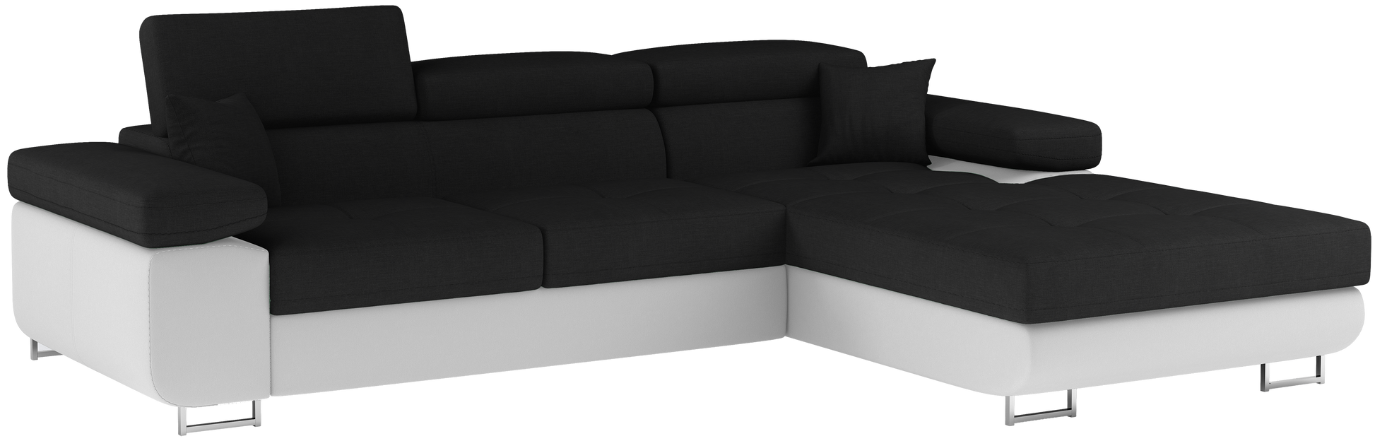 Narożnik Armando w układzie prawym, tapicerka Sawana 14 czarny z białą podstawą Soft 17 – ujęcie produktowe na neutralnym tle, pełny widok sofy.