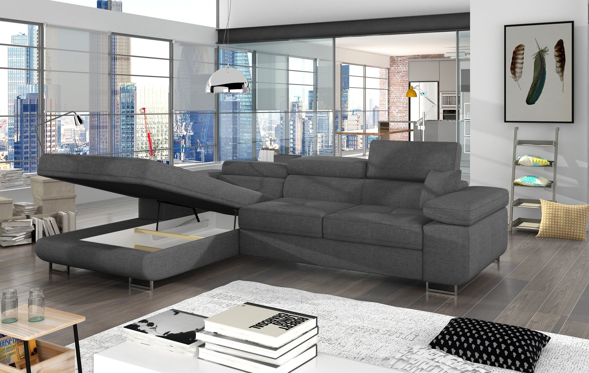 Narożnik Armando w tkaninie Sawana 21 szary – otwarty pojemnik na pościel, ujęcie boczne pokazujące wnętrze schowka.