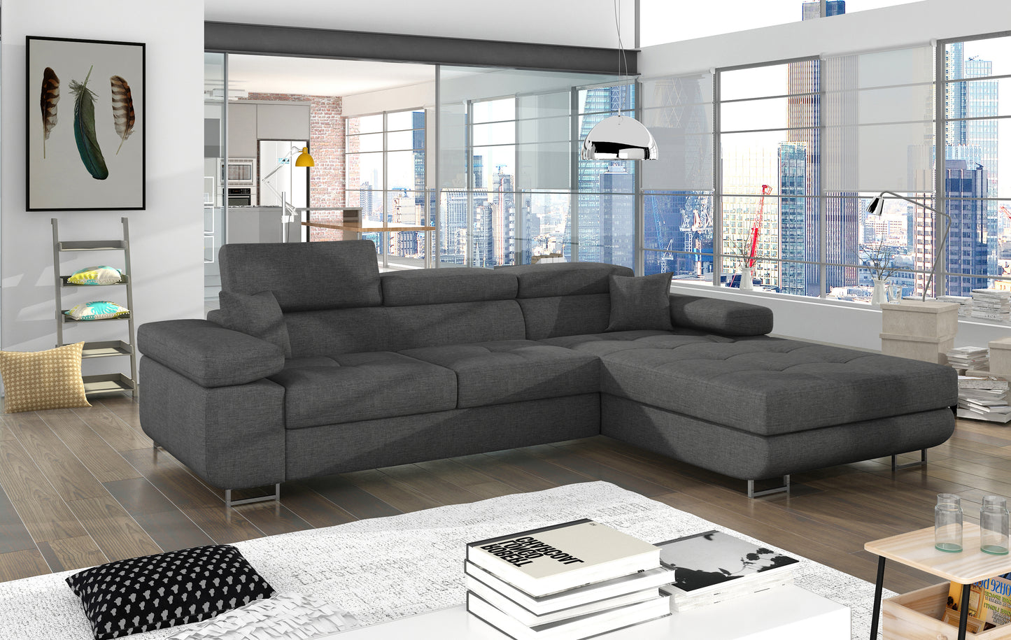 Narożnik Armando Sawana 21 szary w układzie prawym – aranżacja w nowoczesnym salonie, widok z przodu i boku.