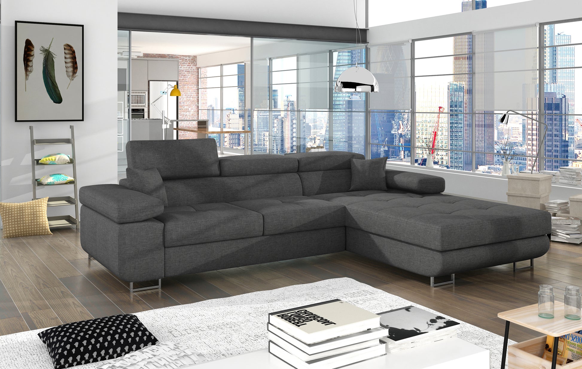 Narożnik Armando Sawana 21 szary w układzie prawym – aranżacja w nowoczesnym salonie, widok z przodu i boku.