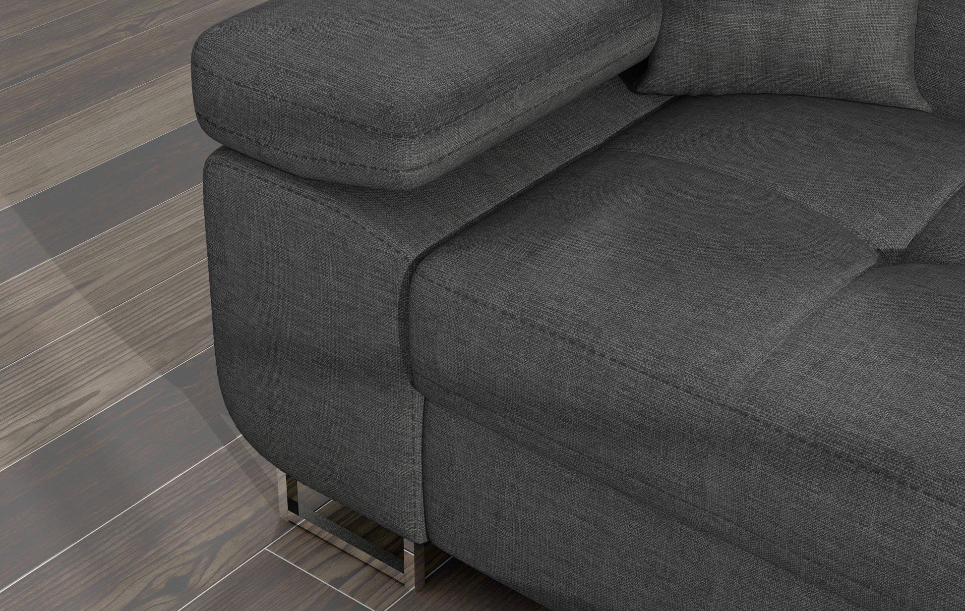 Zbliżenie na podłokietnik narożnika Armando w tkaninie Sawana 21 szary – prezentacja przeszyć i faktury tapicerki.