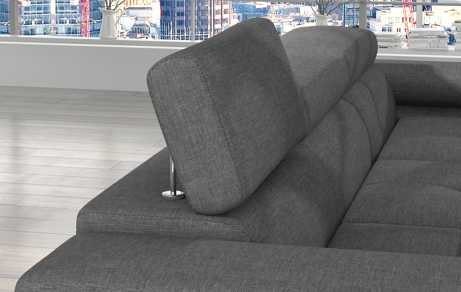 Regulowany zagłówek narożnika Armando w tkaninie Sawana 21 szary – detal mechanizmu i miękkiego wykończenia.