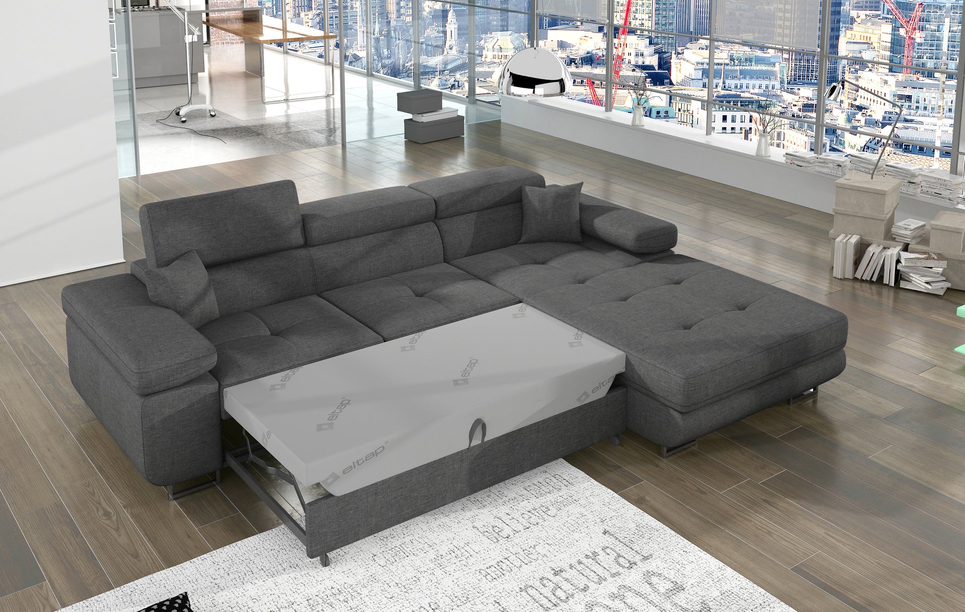 Narożnik Armando Sawana 21 szary – prezentacja funkcji spania z wysuniętym mechanizmem, ujęcie z góry.