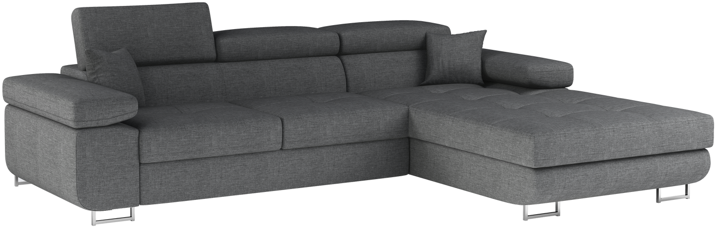 Narożnik Armando prawy w tkaninie Sawana 21 szary – ujęcie produktowe na neutralnym tle, pełny widok sofy.