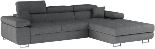 Narożnik Armando prawy w tkaninie Sawana 21 szary – ujęcie produktowe na neutralnym tle, pełny widok sofy.