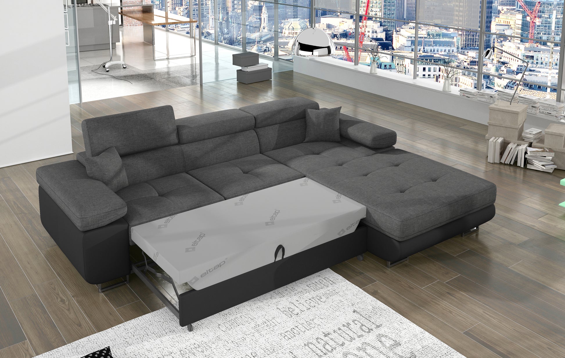 Narożnik Armando prawy rozłożony do funkcji spania, tkanina Sawana 21 szary i podstawa Soft 11 czarny.