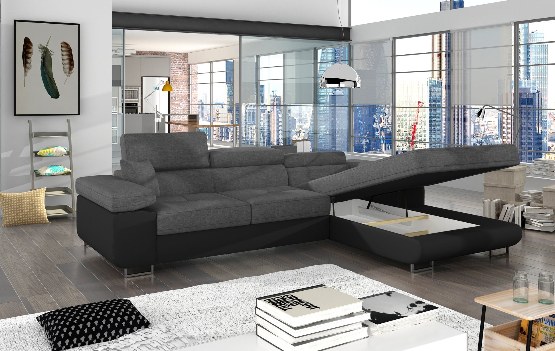 Narożnik Armando Sawana 21 szary / Soft 11 czarny z otwartym pojemnikiem na pościel, prezentacja w przestronnym wnętrzu.