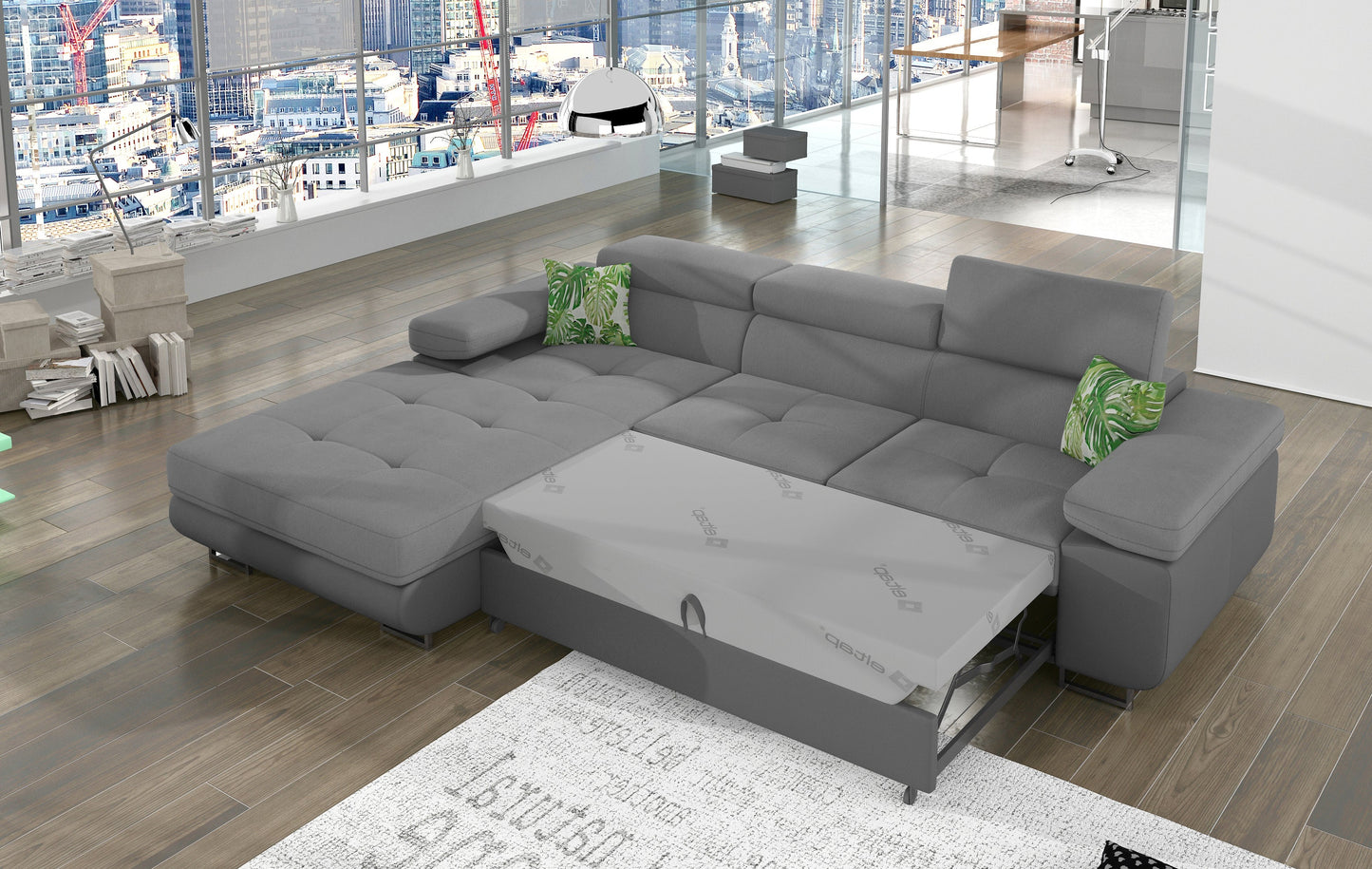 Narożnik Armando Soro 83 jasnoszary / Soft 29 szary – prezentacja funkcji spania z wysuniętym mechanizmem, ujęcie z góry.