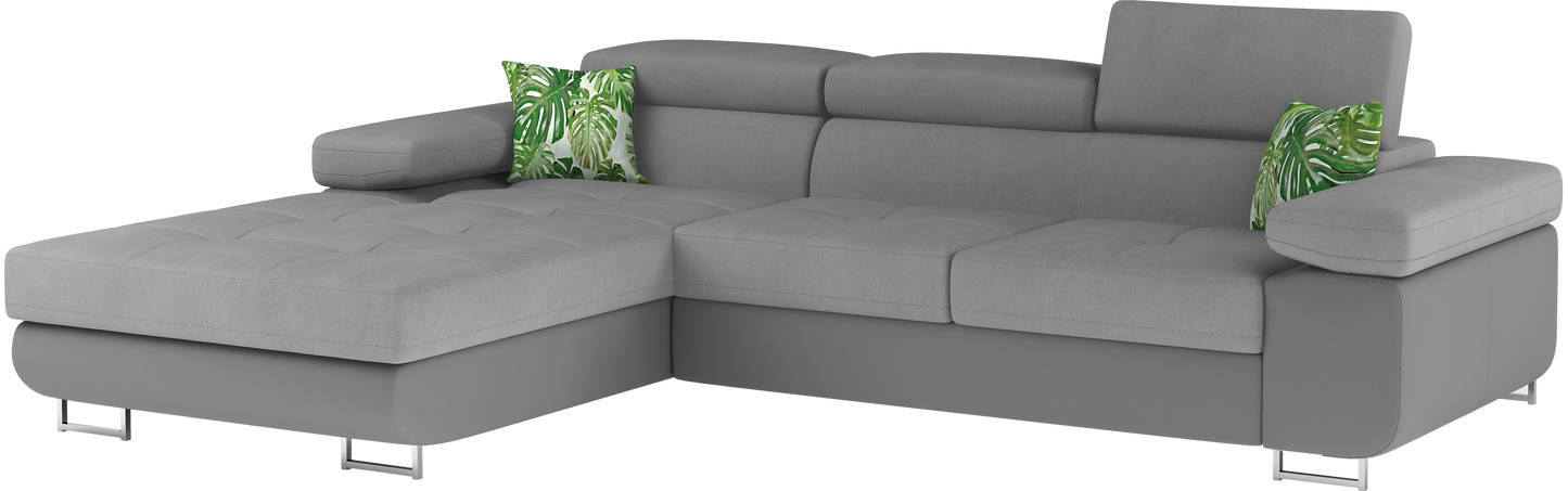 Narożnik Armando lewy w tkaninach Soro 83 jasnoszary i Soft 29 szary – pełny widok sofy na neutralnym tle.