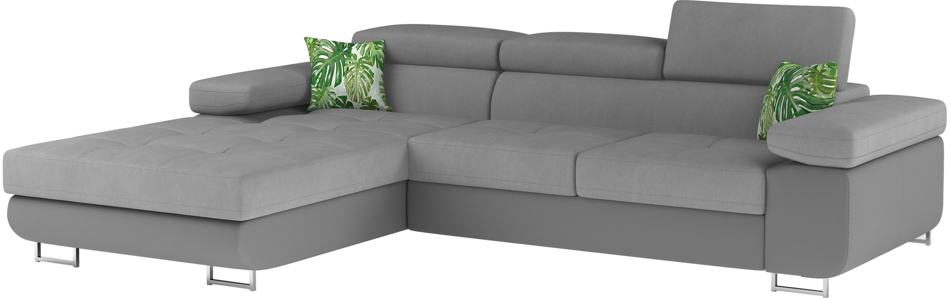 Narożnik Armando lewy w tkaninach Soro 83 jasnoszary i Soft 29 szary – pełny widok sofy na neutralnym tle.