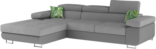 Narożnik Armando lewy w tkaninach Soro 83 jasnoszary i Soft 29 szary – pełny widok sofy na neutralnym tle.