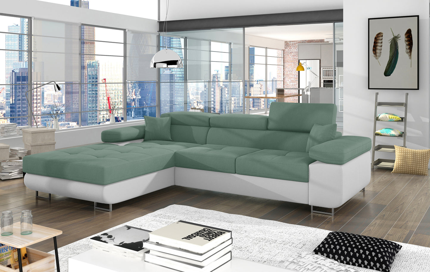 Narożnik Armando Soro 34 jasnozielony / Soft 17 biały w układzie lewym – aranżacja w nowoczesnym salonie, widok z przodu i boku.