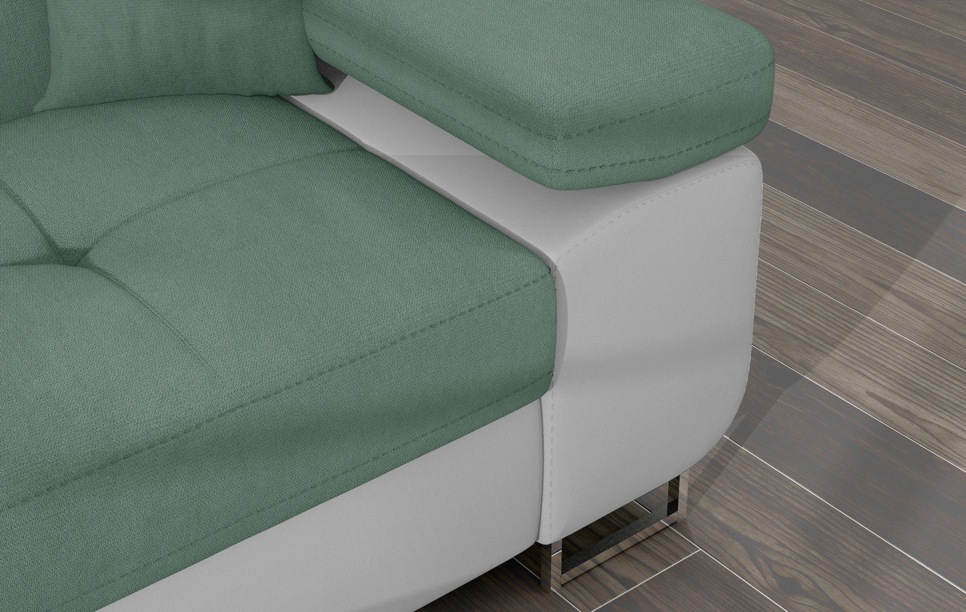 Zbliżenie na podłokietnik narożnika Armando w tkaninach Soro 34 jasnozielony i Soft 17 biały – prezentacja przeszyć i faktury tapicerki.