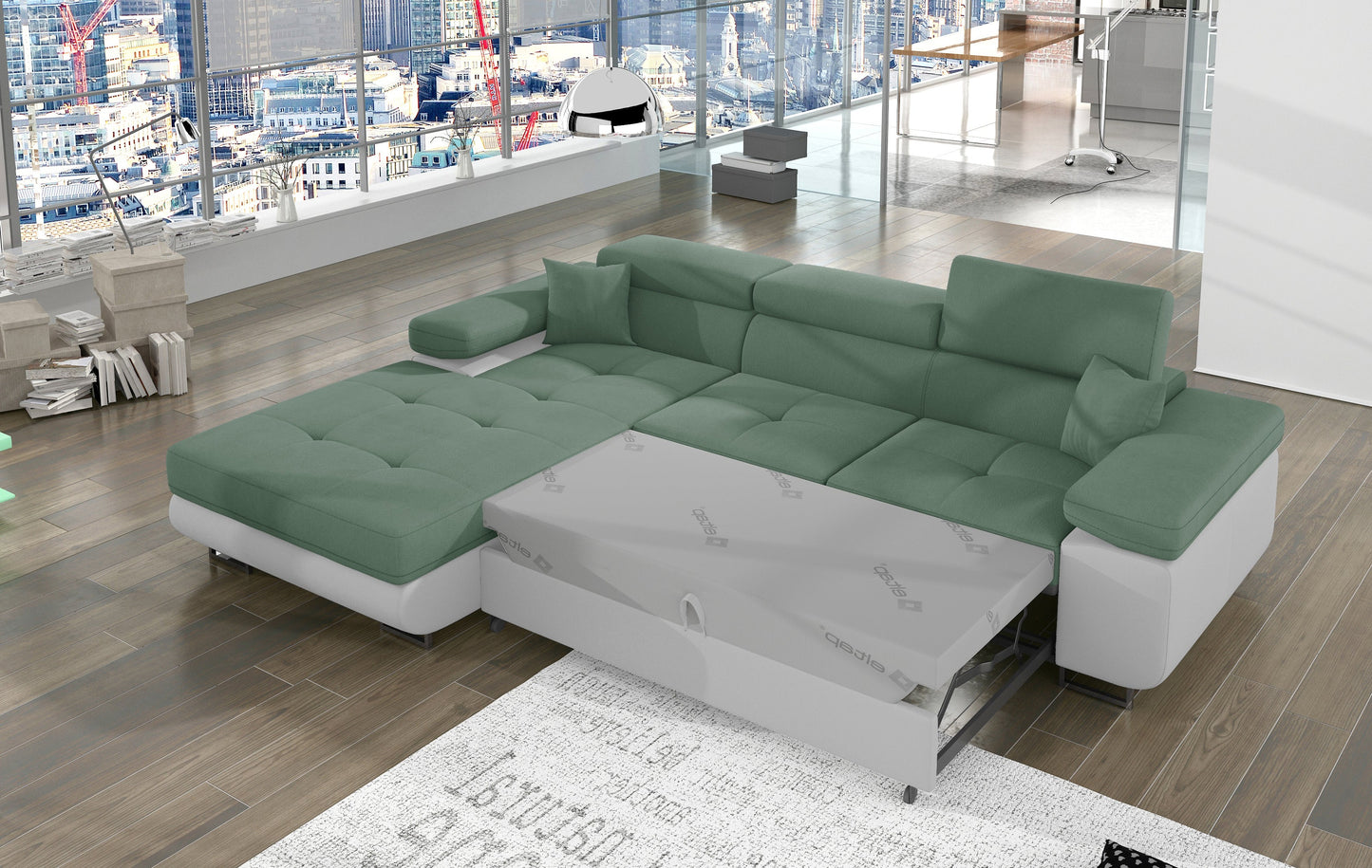 Narożnik Armando Soro 34 jasnozielony / Soft 17 biały – prezentacja funkcji spania z wysuniętym mechanizmem, ujęcie z góry.