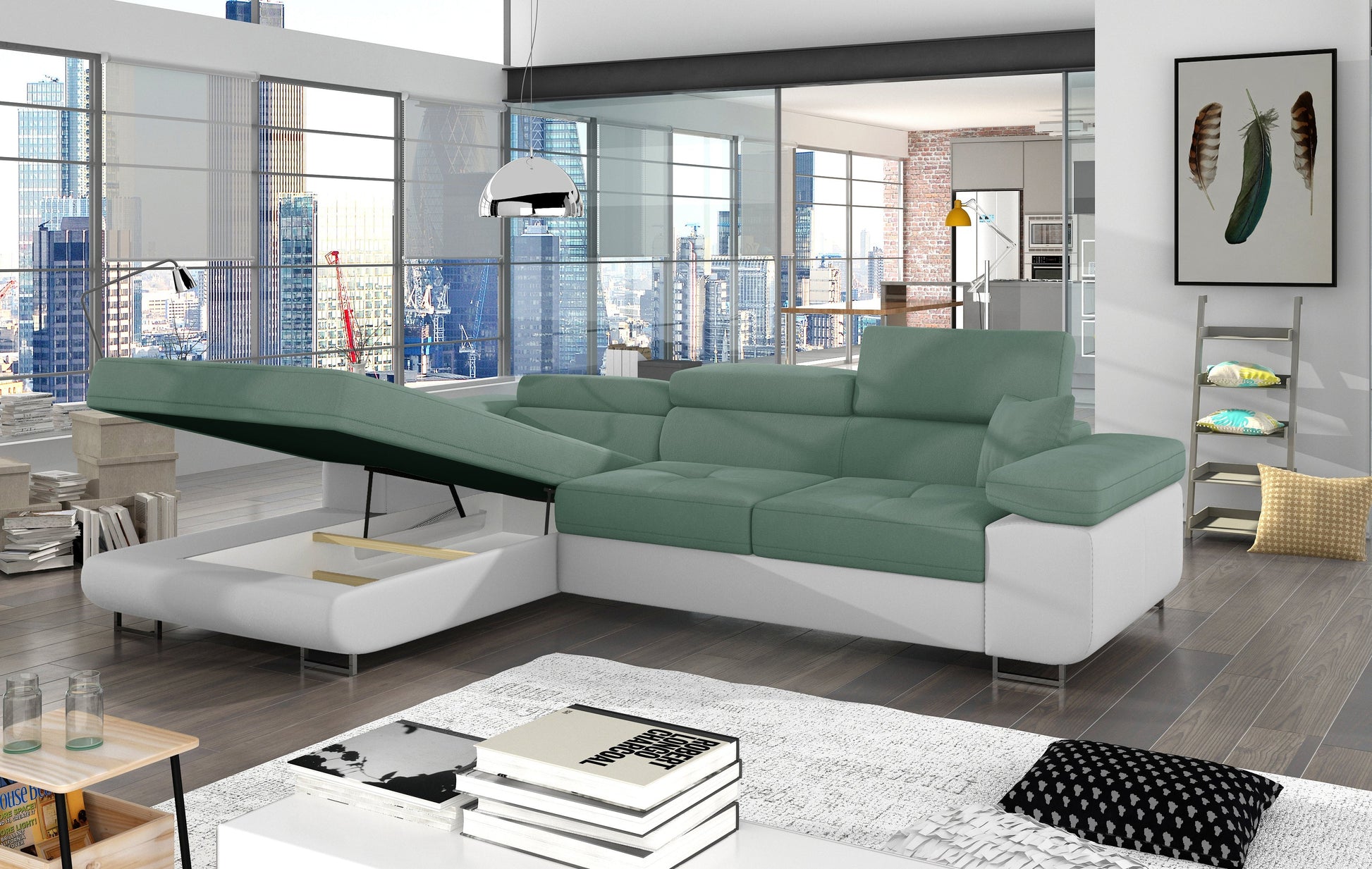 Narożnik Armando w tkaninach Soro 34 jasnozielony i Soft 17 biały – otwarty pojemnik na pościel, ujęcie boczne pokazujące wnętrze schowka.