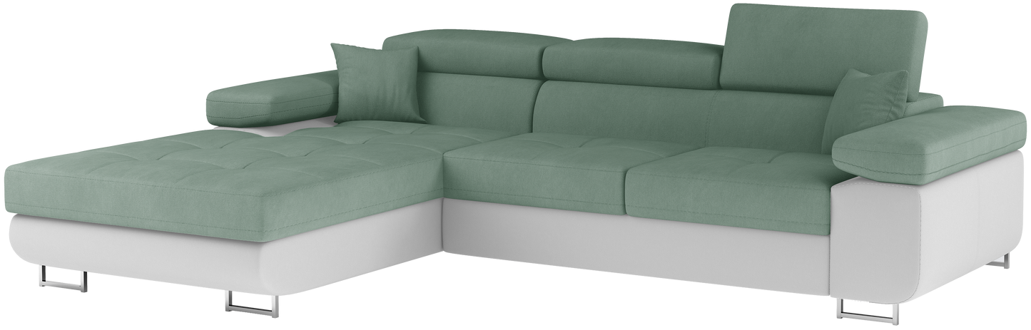 Narożnik Armando lewy w tkaninach Soro 34 jasnozielony i Soft 17 biały – pełny widok sofy na neutralnym tle.