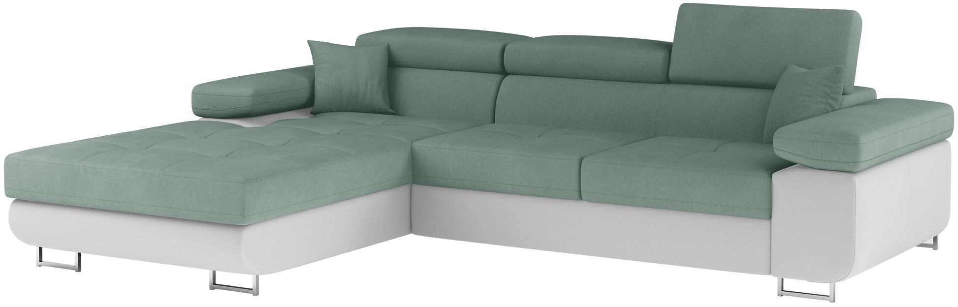 Narożnik Armando lewy w tkaninach Soro 34 jasnozielony i Soft 17 biały – pełny widok sofy na neutralnym tle.