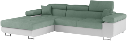 Narożnik Armando lewy w tkaninach Soro 34 jasnozielony i Soft 17 biały – pełny widok sofy na neutralnym tle.