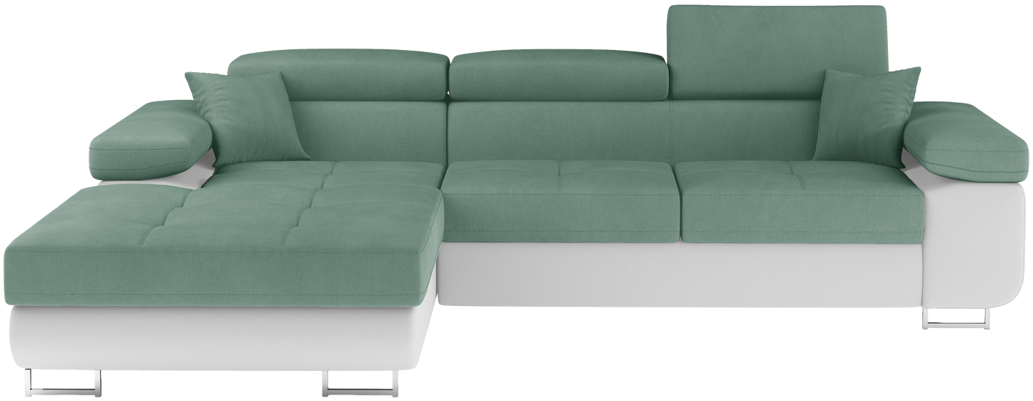 Frontalny widok narożnika Armando w tkaninach Soro 34 jasnozielony i Soft 17 biały, układ lewy, prezentacja całej bryły mebla.