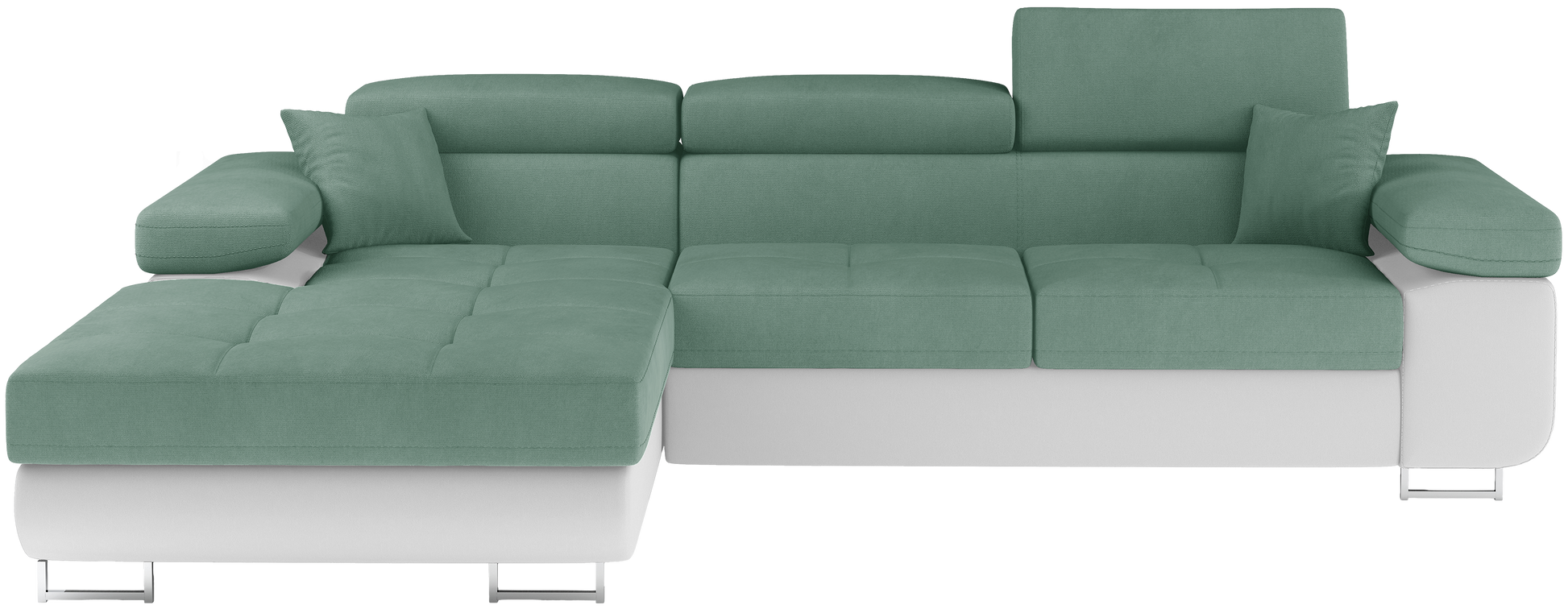 Frontalny widok narożnika Armando w tkaninach Soro 34 jasnozielony i Soft 17 biały, układ lewy, prezentacja całej bryły mebla.