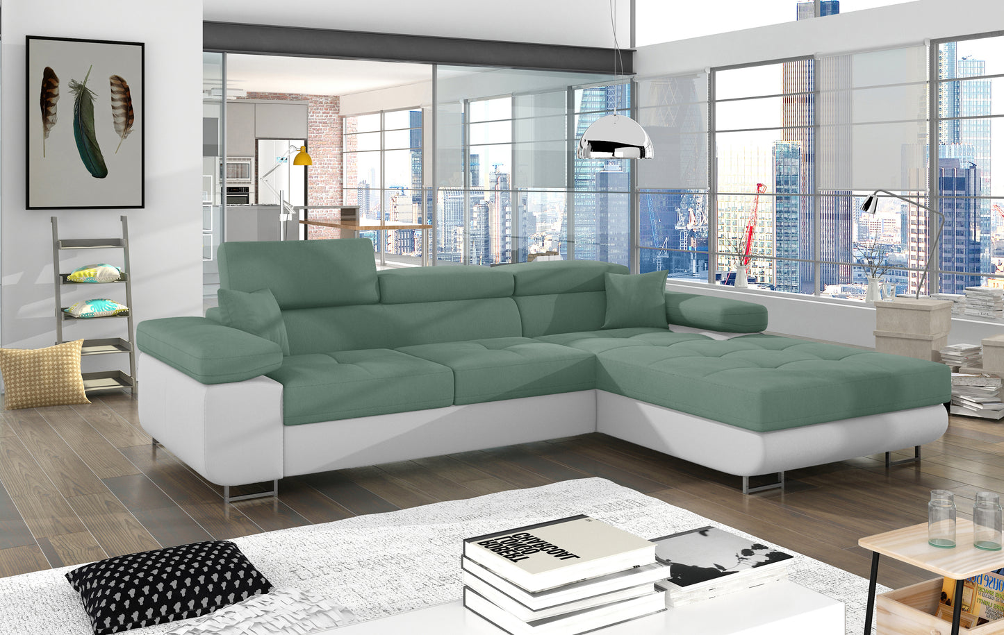 Narożnik Armando prawy w tkaninie Soro 34 jasnozielony i ekoskórze Soft 17 biały – aranżacja w nowoczesnym, jasnym salonie z dużymi oknami.