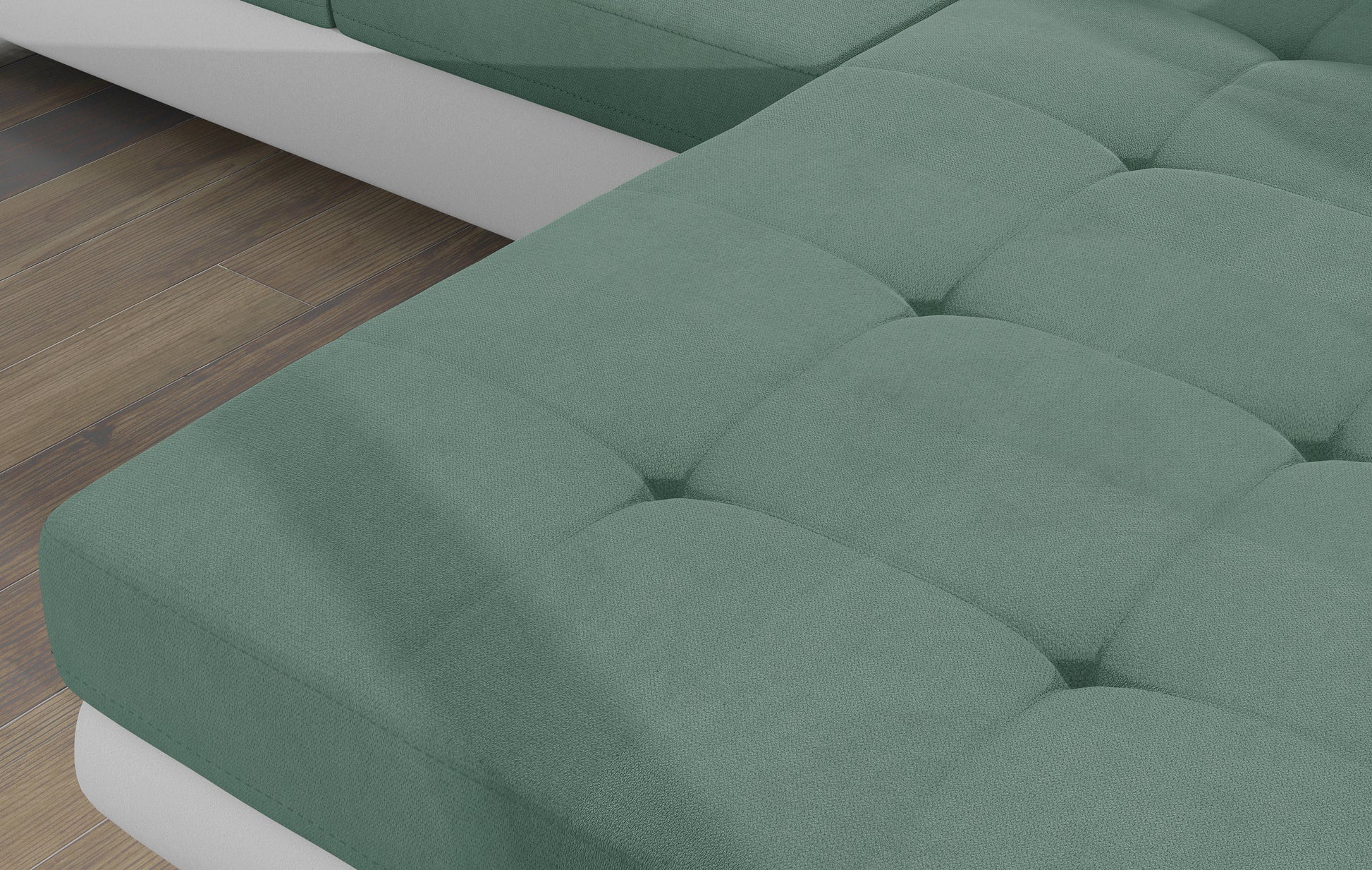 Zbliżenie na siedzisko narożnika Armando w tkaninie Soro 34 jasnozielony – wyraźna faktura materiału i pikowane przeszycia.