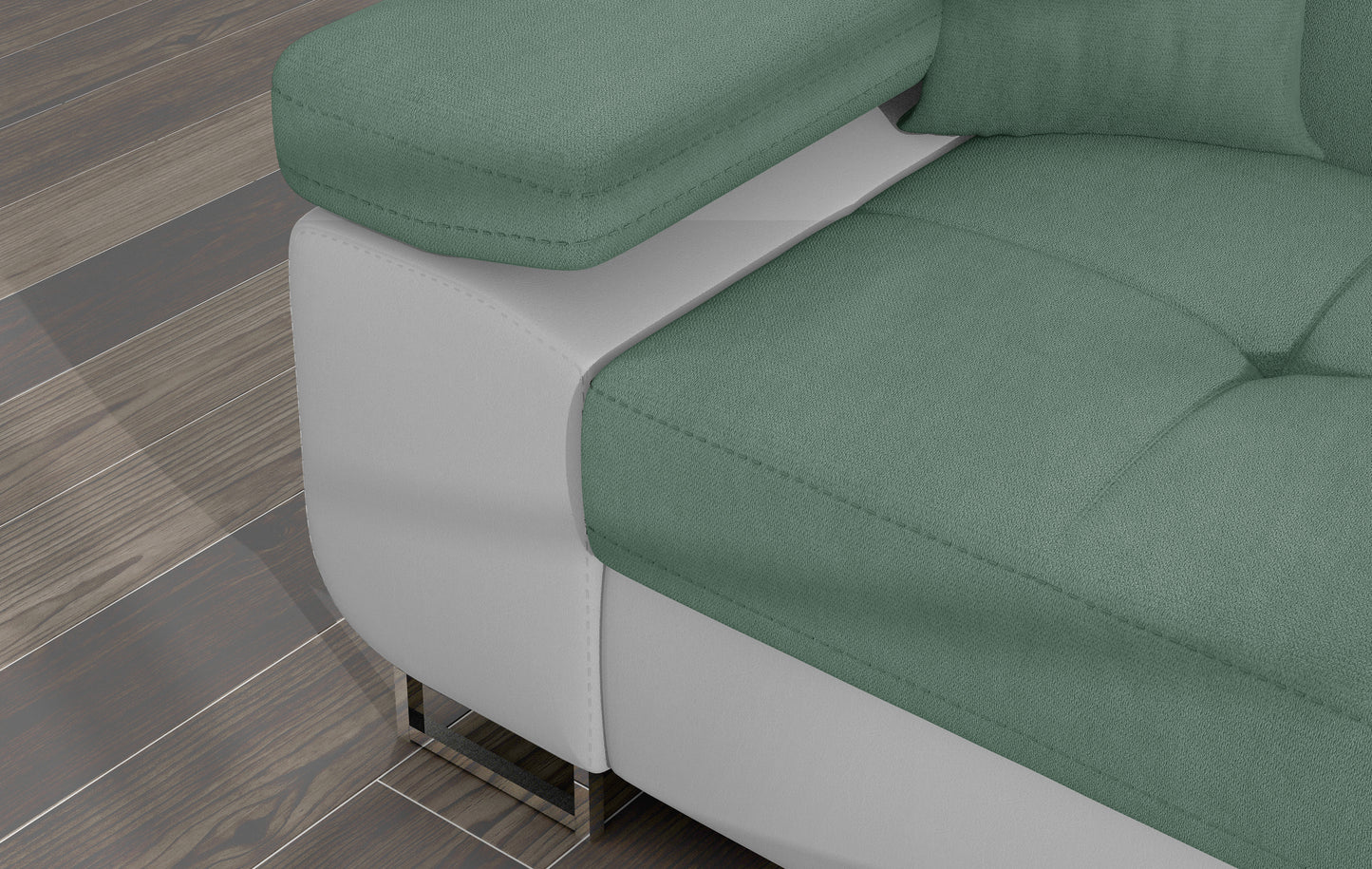 Zbliżenie na podłokietnik narożnika Armando w tkaninie Soro 34 jasnozielony z białą podstawą Soft 17.