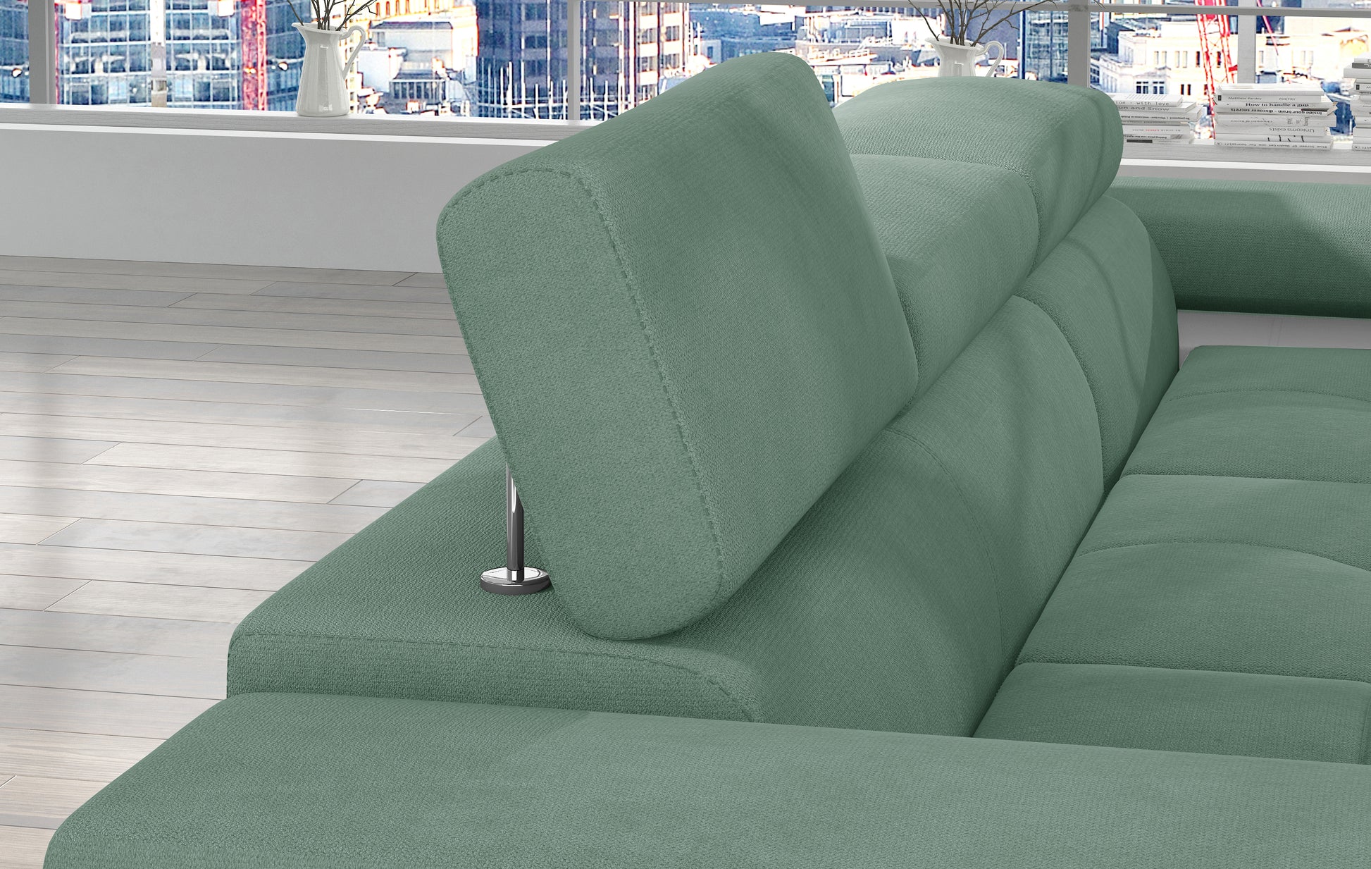 Regulowany zagłówek narożnika Armando w tkaninie Soro 34 jasnozielony – widok mechanizmu i struktury tapicerki.