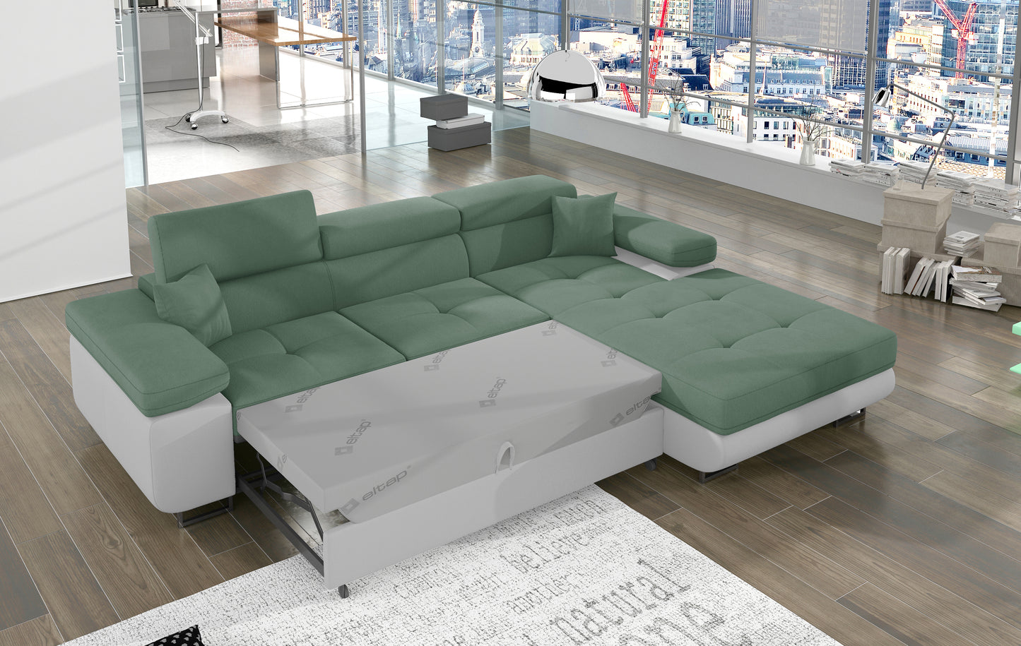 Narożnik Armando prawy rozłożony do funkcji spania, tkanina Soro 34 jasnozielony i podstawa Soft 17 biały.