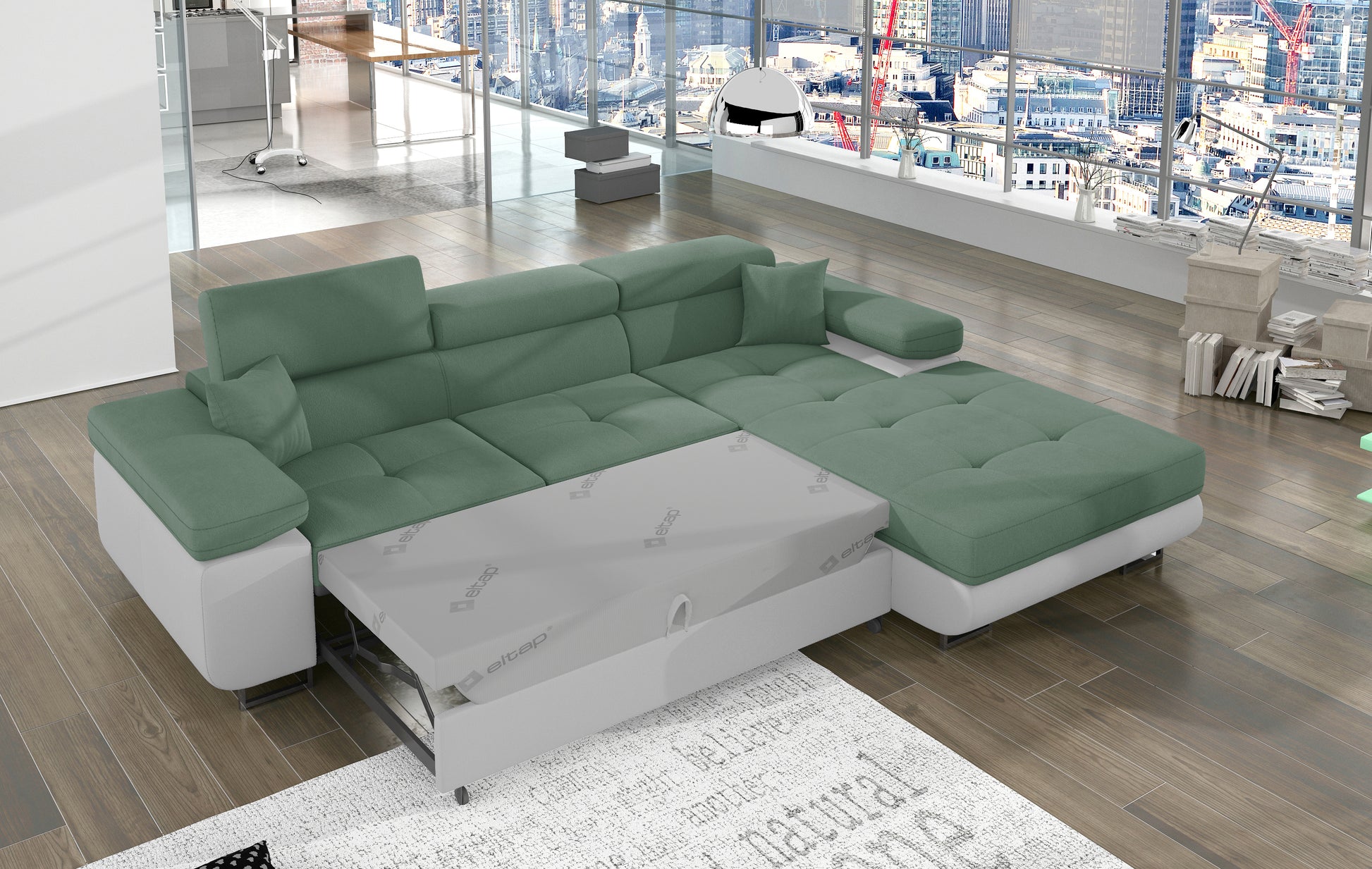 Narożnik Armando prawy rozłożony do funkcji spania, tkanina Soro 34 jasnozielony i podstawa Soft 17 biały.