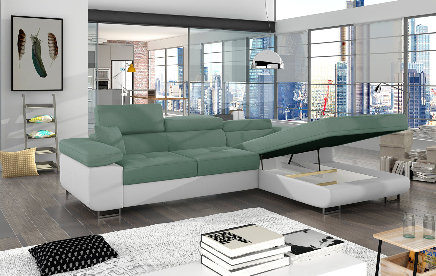 Narożnik Armando Soro 34 jasnozielony / Soft 17 biały z otwartym pojemnikiem na pościel, prezentacja w przestronnym wnętrzu.