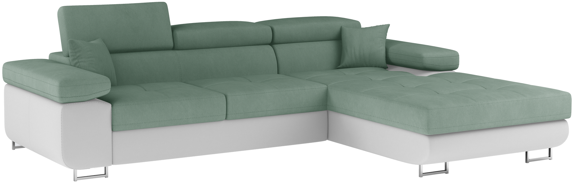Narożnik Armando w układzie prawym, tapicerka Soro 34 jasnozielony z białą podstawą Soft 17 – ujęcie pod kątem, widok całej sofy.
