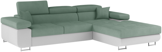 Narożnik Armando w układzie prawym, tapicerka Soro 34 jasnozielony z białą podstawą Soft 17 – ujęcie pod kątem, widok całej sofy.