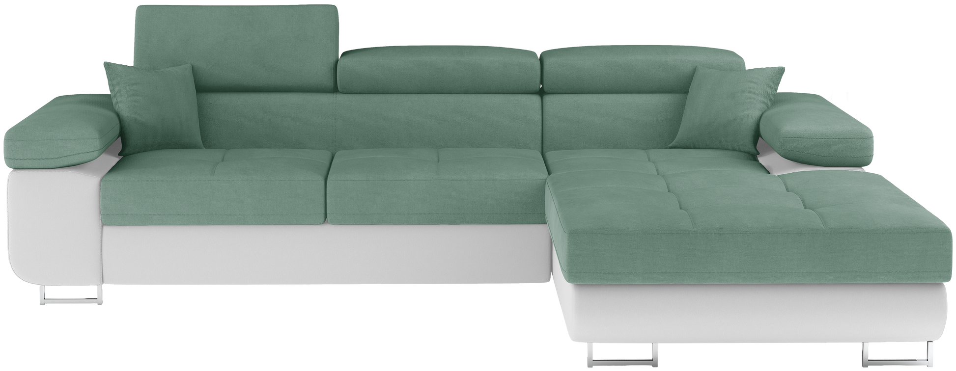 Narożnik Armando Soro 34 jasnozielony / Soft 17 biały w układzie prawym – frontalny widok mebla na neutralnym tle.