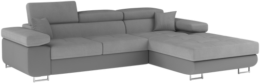 Narożnik Armando prawy w tkaninie Soro 83 jasnoszary i ekoskórze Soft 29 szary – ujęcie produktowe na neutralnym tle, pełny widok sofy.