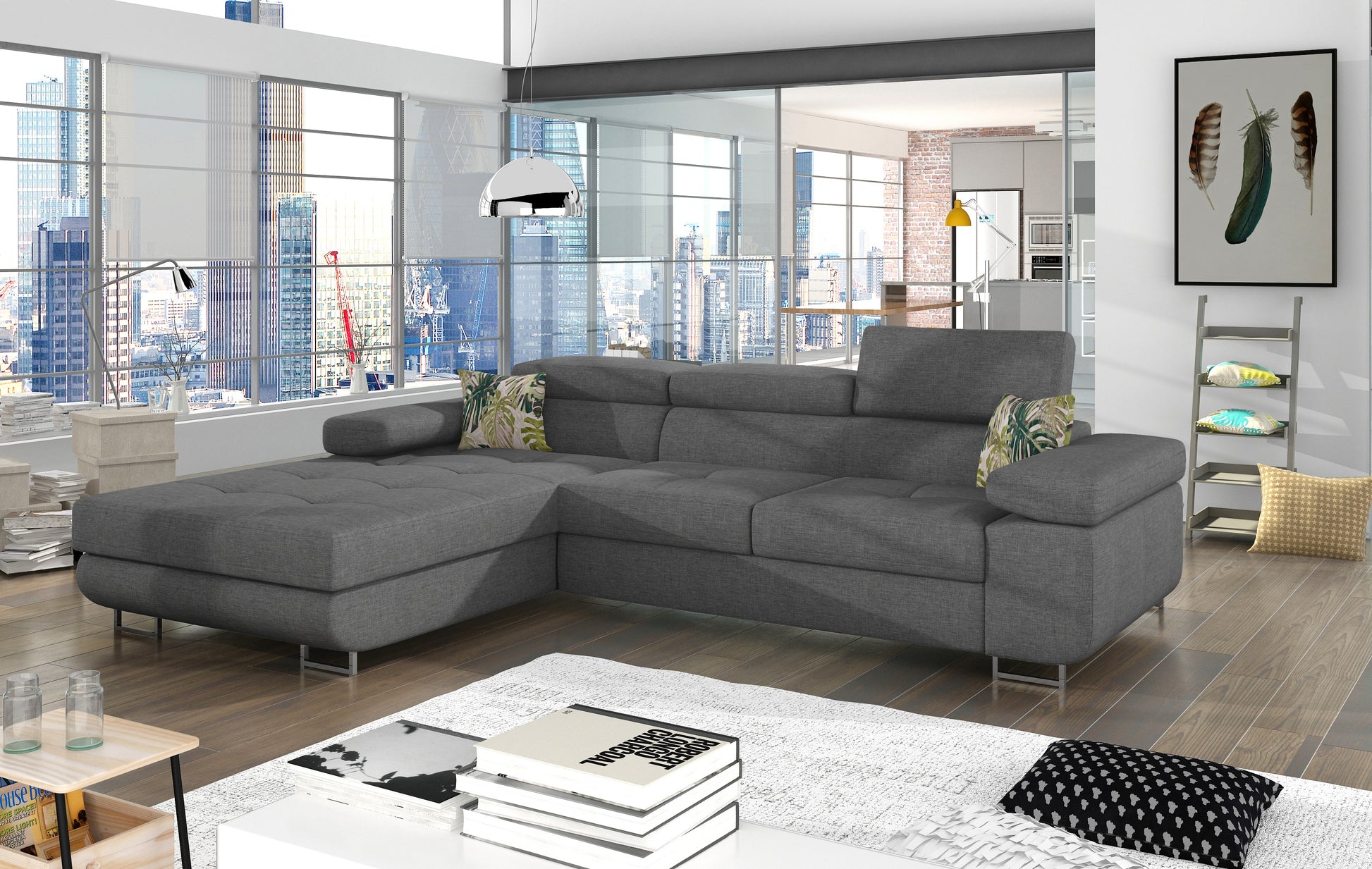 Narożnik Armando Cover 83 szary / poduszki Jungle 37 w układzie lewym – aranżacja w nowoczesnym salonie, widok z przodu i boku.