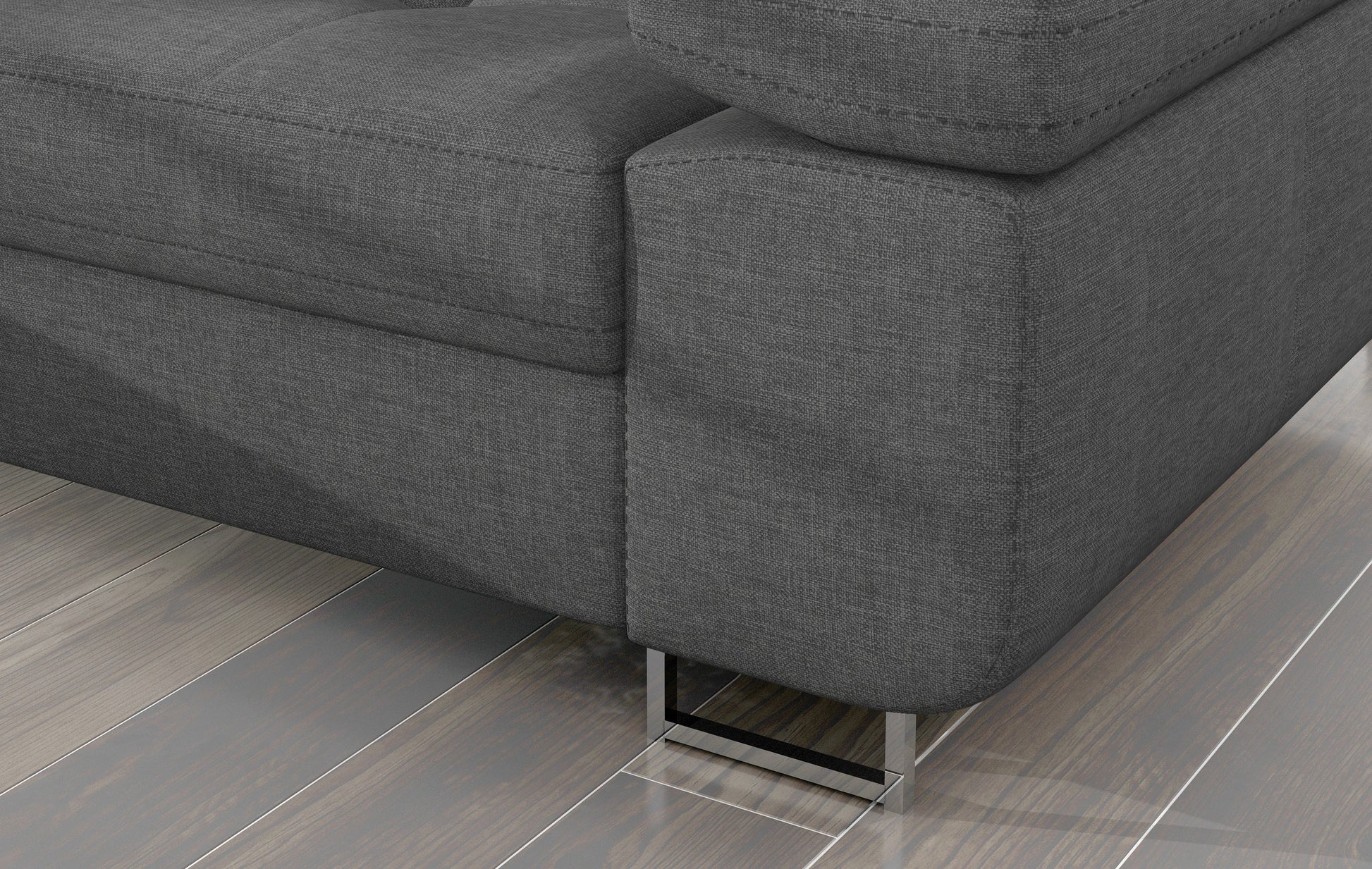 Detal narożnika Armando: szara tkanina Cover 83, szara podstawa i poduszka Jungle 37 – widok narożnika z metalową nogą.