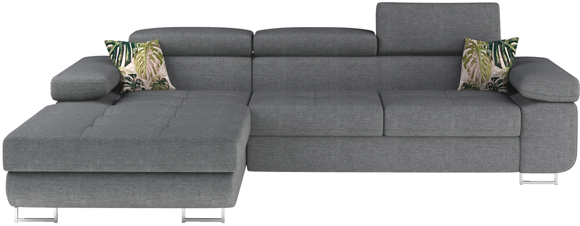 Frontalny widok narożnika Armando w tkaninie Cover 83 szary z ozdobnymi poduszkami Jungle 37, układ lewy.