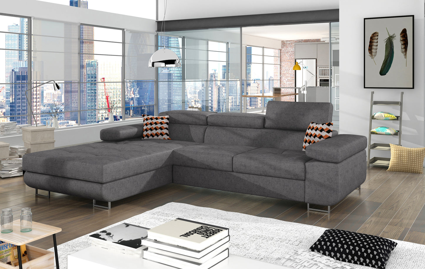 Narożnik Armando Gusto 88 szary / poduszki Zigzag 60 w układzie lewym – aranżacja w nowoczesnym salonie, widok z przodu i boku.