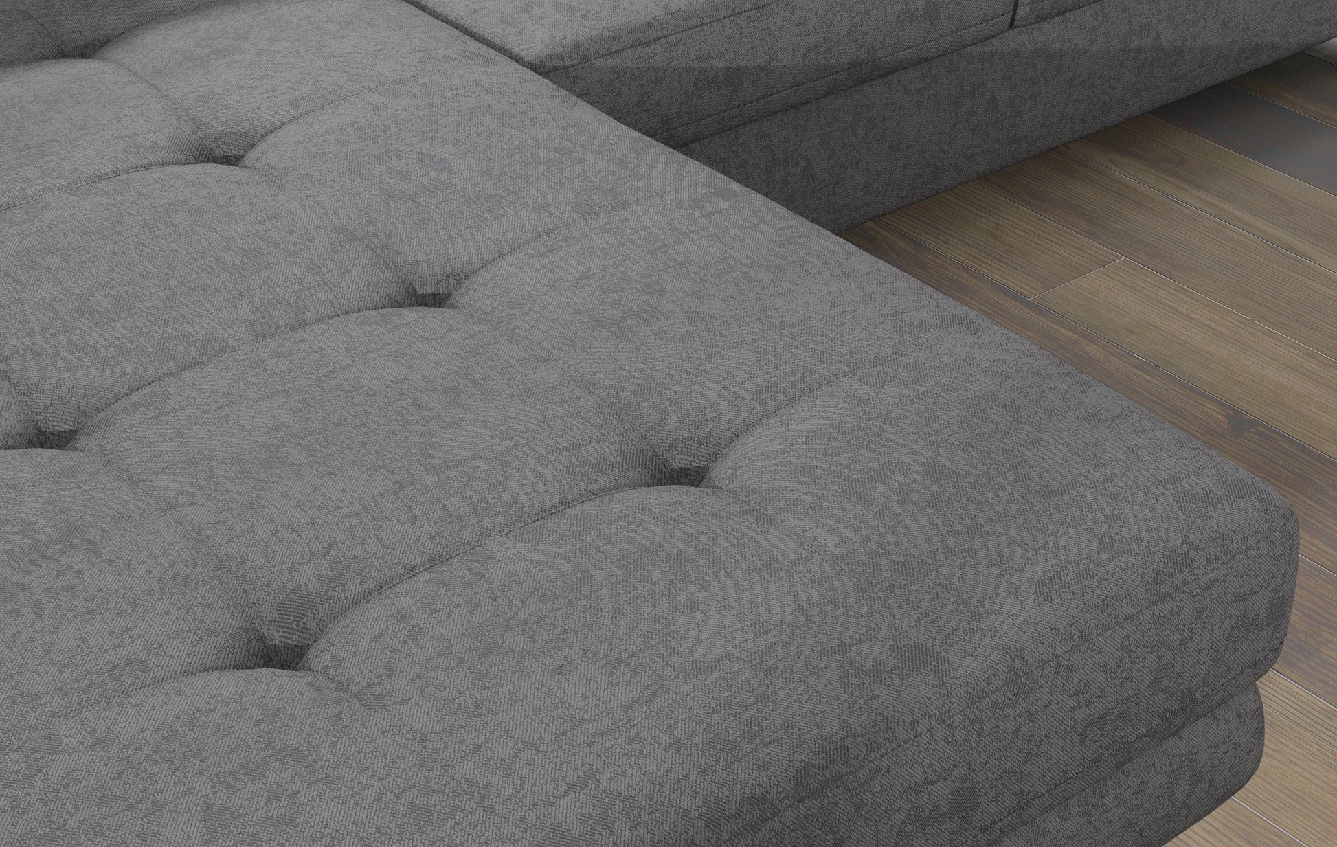 Zbliżenie na pikowane siedzisko narożnika Armando w tkaninie Gusto 88 szary – widoczna faktura materiału i poduszka Zigzag 60.