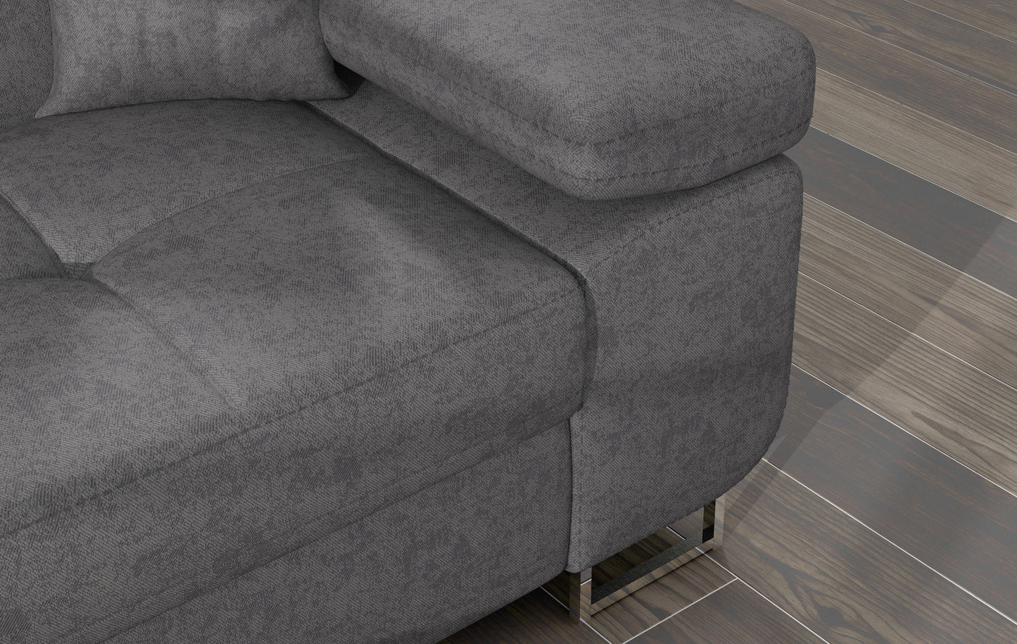 Zbliżenie na podłokietnik narożnika Armando w tkaninie Gusto 88 szary z poduszką w geometryczny wzór Zigzag 60.