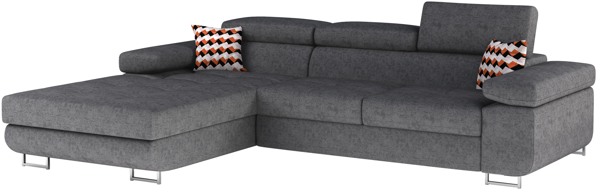 Narożnik Armando lewy w tkaninie Gusto 88 szary z poduszkami Zigzag 60 – ujęcie produktowe na neutralnym tle, pełny widok sofy.