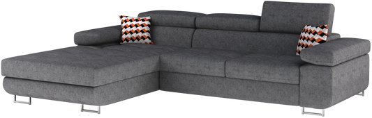 Narożnik Armando lewy w tkaninie Gusto 88 szary z poduszkami Zigzag 60 – ujęcie produktowe na neutralnym tle, pełny widok sofy.