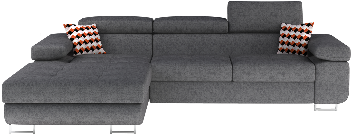 Frontalny widok narożnika Armando w tkaninie Gusto 88 szary z ozdobnymi poduszkami Zigzag 60, układ lewy.