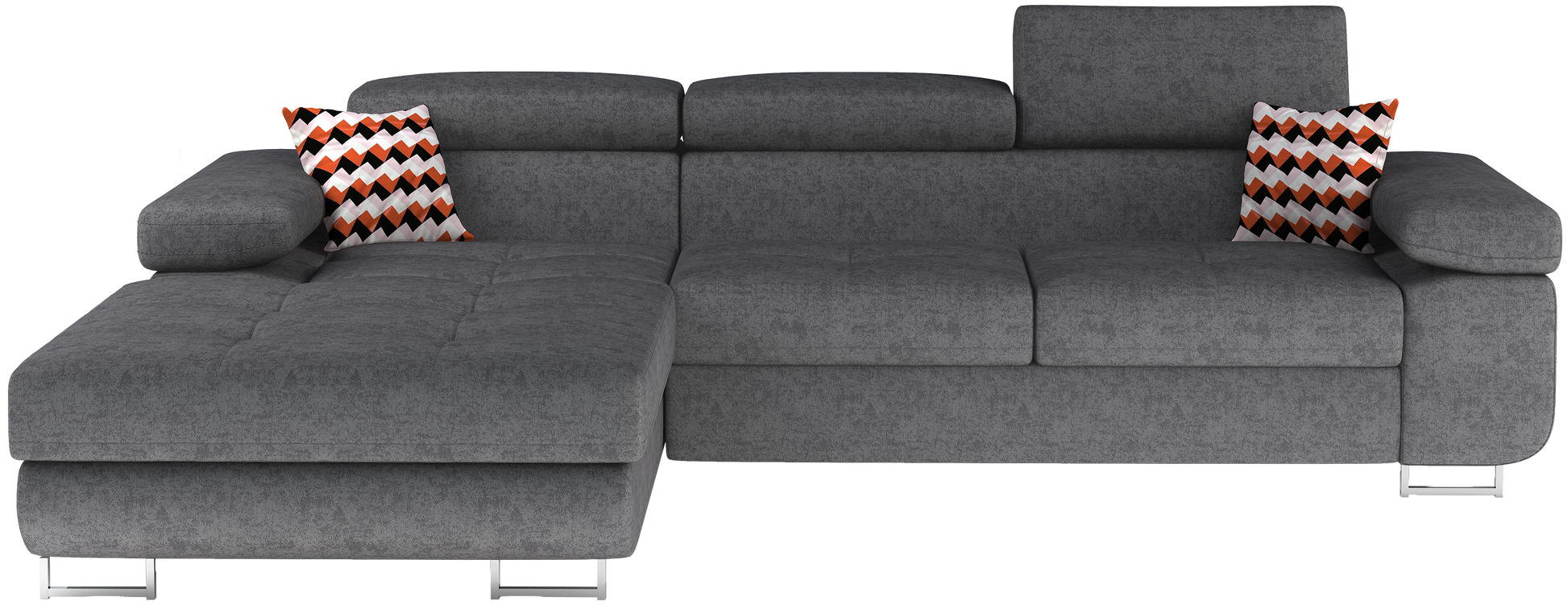 Frontalny widok narożnika Armando w tkaninie Gusto 88 szary z ozdobnymi poduszkami Zigzag 60, układ lewy.