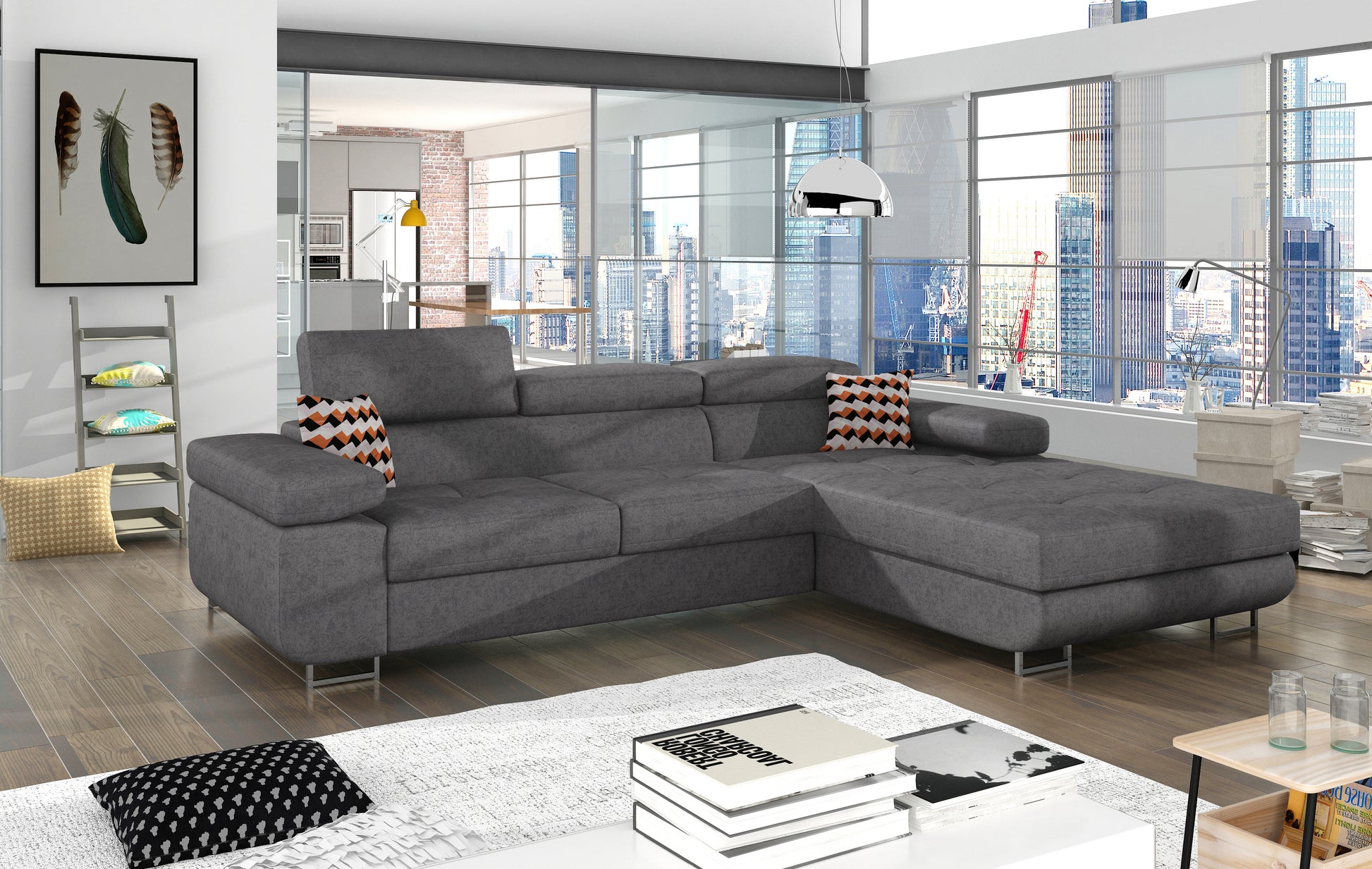Narożnik Armando Gusto 88 szary z poduszkami Zigzag 60, układ prawy, zaprezentowany w nowoczesnym salonie z dużymi oknami.